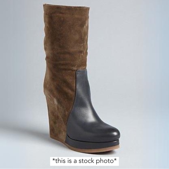 Jil Sander Brown Suede Black Leather Platform Wedge Boots Mid Calf Booties 36 6 - Picture 2 of 16